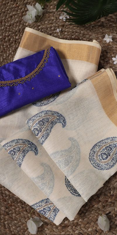 Blue Onam Printed Saree