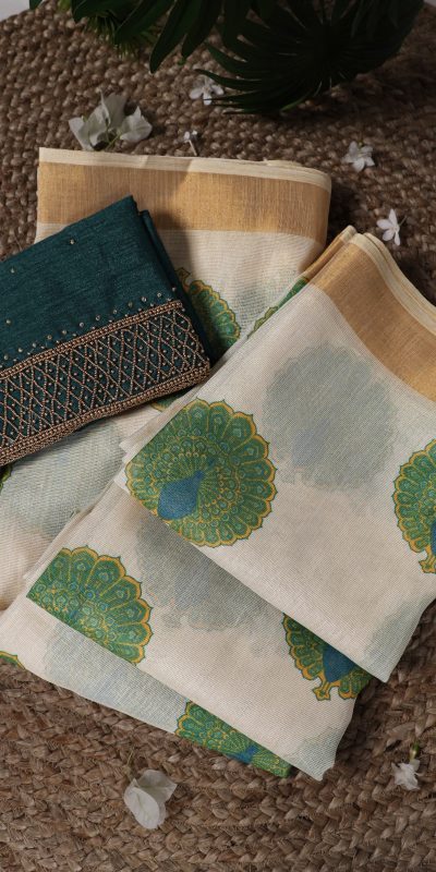 Green Onam Printed Saree