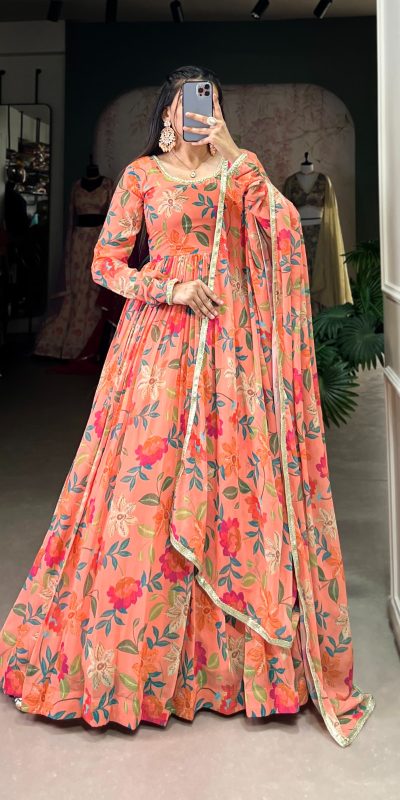 Peach Georgette Printed Gown