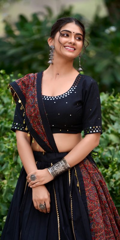 Black Cotton Plain Lehenga Choli