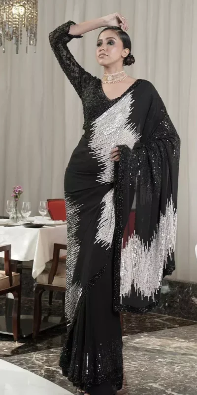 DF 3424 Black Color Georgette Heavy 5MM Sequins embroidery Work Saree Casual, Wedding, Festive, Events . Expected Delivery  4-6 Working Days @1749/- only                                                 | Designer Sarees, Embroidered Sarees, Sarees, Bollywood Sarees, Creative Sarees, Ethnic Saree, Modern Digital sarees, Party Wear Sarees