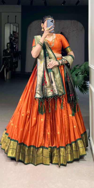 Orange Jacquard Zari Lehenga Choli