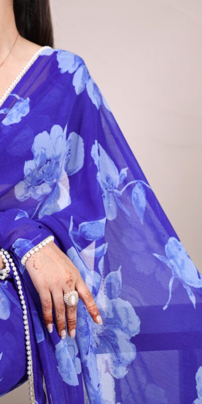 YNF 7011 Blue Color Chiffon Foral Printed Pearl Lace Border Saree Casual, Wedding, Festive, Events . Expected Delivery  4-6 Working Days @1499/- only                                                                                | Designer Sarees, Embroidered Sarees, Sarees, Bollywood Sarees, Creative Sarees, Ethnic Saree, Modern Digital sarees, Party Wear Sarees