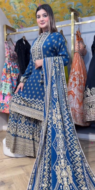 Blue Chinon Mirror Work Salwar Suit