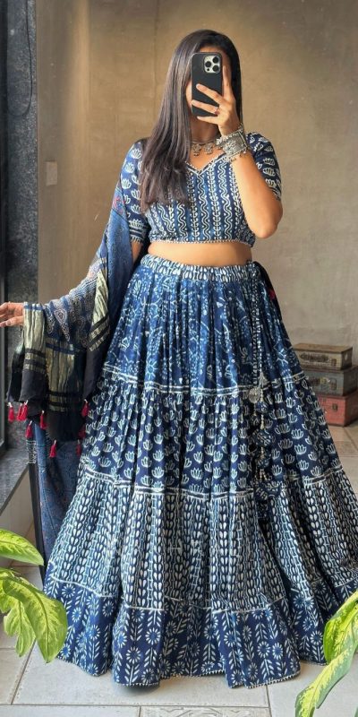 Blue Rayon Print Lehenga Choli