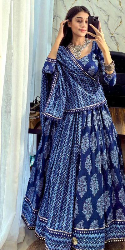 Blue Rayon Printed Lehenga Choli