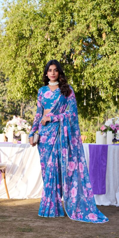 YNF 7010 Blue Color Weightless Marbal Floral Printed Pearl Lace Saree Casual, Wedding, Festive, Events . Expected Delivery  4-6 Working Days @1599/- only                                                                                | Designer Sarees, Embroidered Sarees, Sarees, Bollywood Sarees, Creative Sarees, Ethnic Saree, Modern Digital sarees, Party Wear Sarees
