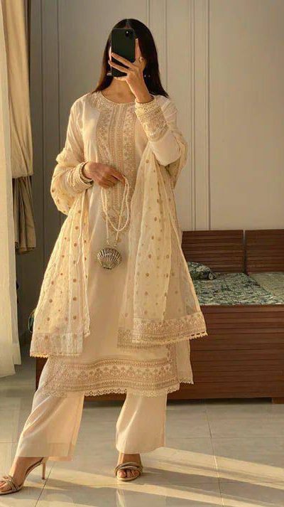Cream Roman Sequence Salwar Suit