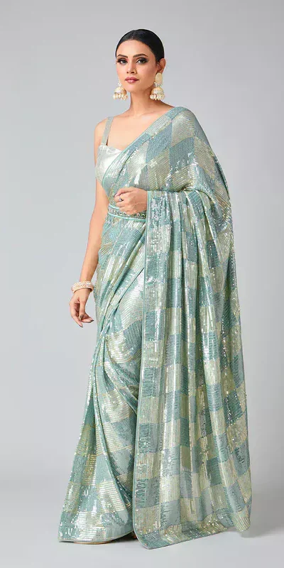 DF 3426 Firozi Color Georgette 5MM Sequins Embroidery Work Saree Casual, Wedding, Festive, Events . Expected Delivery 4-6 Working Days @1749/- only | Designer Sarees, Embroidered Sarees, Sarees, Bollywood Sarees, Creative Sarees, Ethnic Saree, Modern Digital sarees, Party Wear Sarees