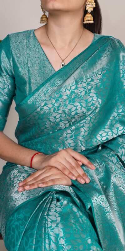 YNF 7404 Firozi Color Kanjivaram Zari Weaving Work Saree Casual, Wedding, Festive, Events . Expected Delivery  4-6 Working Days @1599/- only                                | Designer Sarees, Embroidered Sarees, Sarees, Bollywood Sarees, Creative Sarees, Ethnic Saree, Modern Digital sarees, Party Wear Sarees