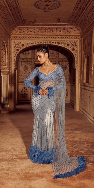 Firozi Mono Net Sequins Saree