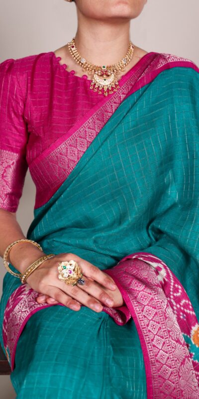 YNF 7029 Firozi Color Tussar Chex Patola Print Weaving Work Border Saree Casual, Wedding, Festive, Events . Expected Delivery  4-6 Working Days @1499/- only                                | Designer Sarees, Embroidered Sarees, Sarees, Bollywood Sarees, Creative Sarees, Ethnic Saree, Modern Digital sarees, Party Wear Sarees