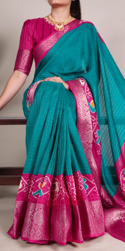 YNF 7029 Firozi Color Tussar Chex Patola Print Weaving Work Border Saree Casual, Wedding, Festive, Events . Expected Delivery  4-6 Working Days @1499/- only                                | Designer Sarees, Embroidered Sarees, Sarees, Bollywood Sarees, Creative Sarees, Ethnic Saree, Modern Digital sarees, Party Wear Sarees