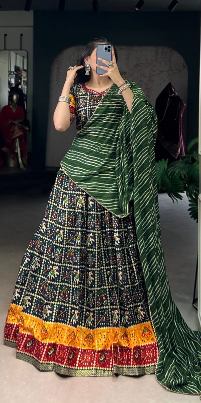Green Cotton Printed Lehenga Choli