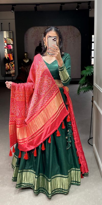 Green Gaji Silk Lagdi patta Lehenga Choli