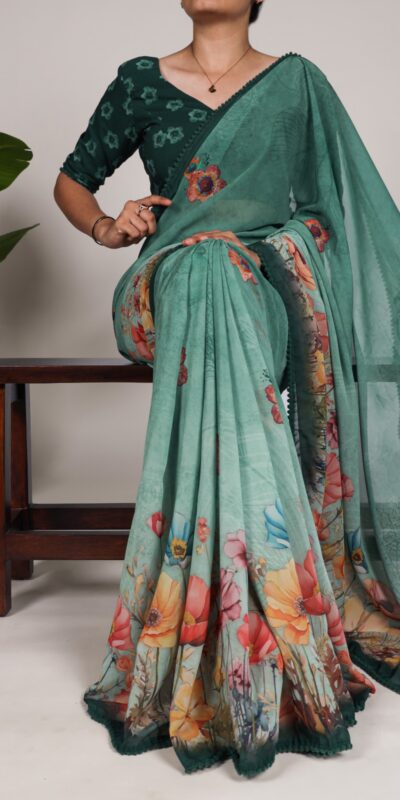 YNF 7009 Green Color Georgette Floral Print With Lace Border Saree Casual, Wedding, Festive, Events . Expected Delivery  4-6 Working Days @1299/- only                                                                                | Designer Sarees, Embroidered Sarees, Sarees, Bollywood Sarees, Creative Sarees, Ethnic Saree, Modern Digital sarees, Party Wear Sarees
