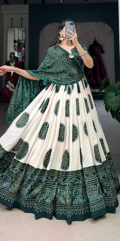 Green Tasar Bandhej Lehenga Choli