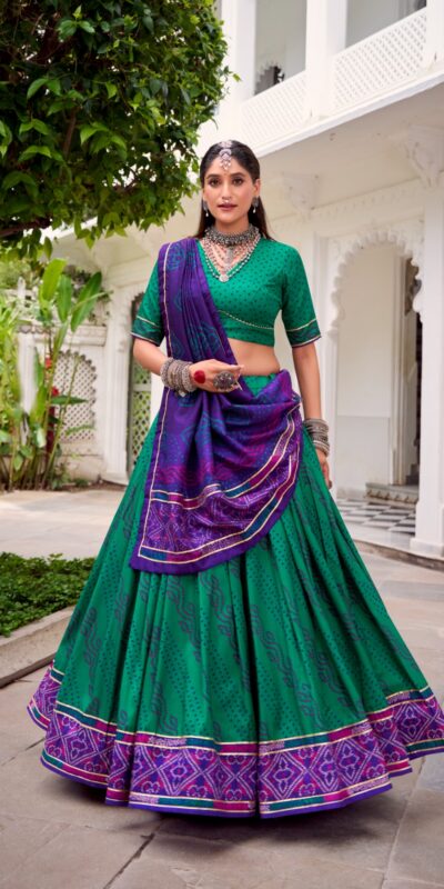 LNB 1250 Green Color Tasar Silk Bandhej Print With Gotta Patti Lace Lehenga Choli Festive Party Wedding, Events etc. Delivery 4-6 Working Days @2149/- | Lehenga, Bollywood Lehenga, Creative Lehenga, Designer Lehenga, Embroidered Lehenga, Party Wear Lehenga