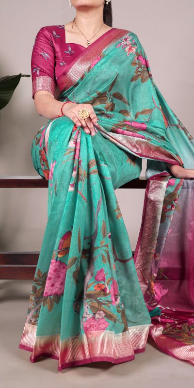 Green Viscose Printed Saree