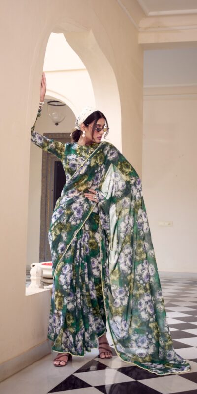YNF 7042 Green Color Weightless Marbal Floral Printed Lace Border Saree Casual, Wedding, Festive, Events . Expected Delivery  4-6 Working Days @1549/- only                                                                                | Designer Sarees, Embroidered Sarees, Sarees, Bollywood Sarees, Creative Sarees, Ethnic Saree, Modern Digital sarees, Party Wear Sarees
