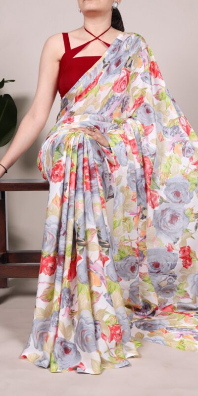 YNF 7017 Grey Color Dull Satin Floral Printed Saree Casual, Wedding, Festive, Events . Expected Delivery  4-6 Working Days @1499/- only                                                                                | Designer Sarees, Embroidered Sarees, Sarees, Bollywood Sarees, Creative Sarees, Ethnic Saree, Modern Digital sarees, Party Wear Sarees