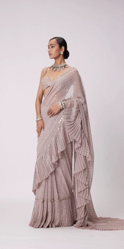 Light Peach Faux Georgette Sequence Saree