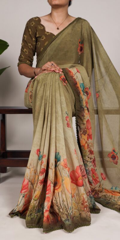 YNF 7009 Mahendi Color Georgette Floral Print With Lace Border Saree Casual, Wedding, Festive, Events . Expected Delivery  4-6 Working Days @1299/- only                                                                                | Designer Sarees, Embroidered Sarees, Sarees, Bollywood Sarees, Creative Sarees, Ethnic Saree, Modern Digital sarees, Party Wear Sarees