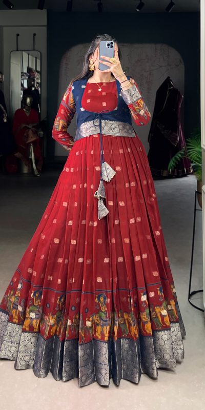 Maroon Cotton Kalamkari Gown