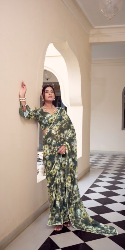 YNF 7042 Mehandi Color Weightless Marbal Floral Printed Lace Border Saree Casual, Wedding, Festive, Events . Expected Delivery  4-6 Working Days @1549/- only                                                                                | Designer Sarees, Embroidered Sarees, Sarees, Bollywood Sarees, Creative Sarees, Ethnic Saree, Modern Digital sarees, Party Wear Sarees