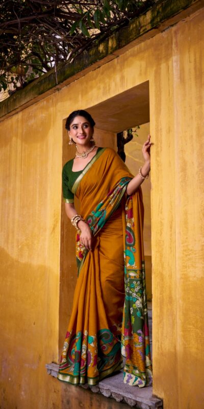 YNF 7048 Mustard Color Polyester Chanderi Kalamkari Weaving Work Saree Casual, Wedding, Festive, Events . Expected Delivery  4-6 Working Days @1499/- only                                | Designer Sarees, Embroidered Sarees, Sarees, Bollywood Sarees, Creative Sarees, Ethnic Saree, Modern Digital sarees, Party Wear Sarees