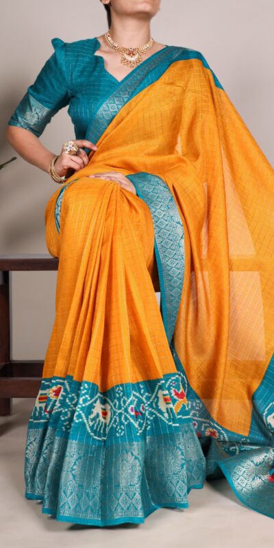 YNF 7029 Mustard Color Tussar Chex Patola Print Weaving Work Border Saree Casual, Wedding, Festive, Events . Expected Delivery  4-6 Working Days @1499/- only                                | Designer Sarees, Embroidered Sarees, Sarees, Bollywood Sarees, Creative Sarees, Ethnic Saree, Modern Digital sarees, Party Wear Sarees