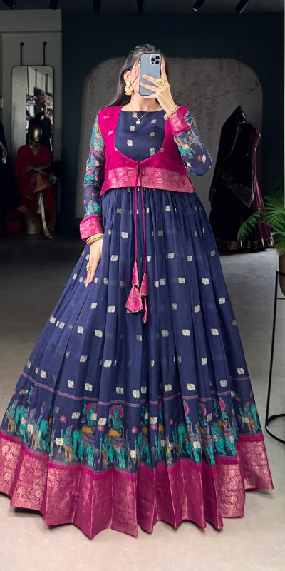Navy Blue Cotton Kalamkari Gown