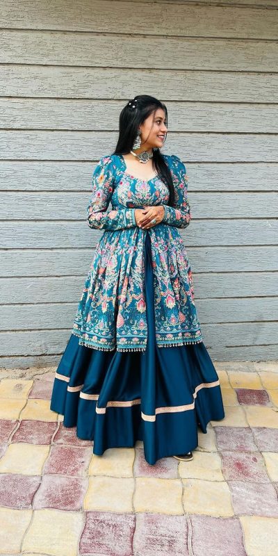 Navy Blue Fiona Silk With Lace Work Lehenga Choli
