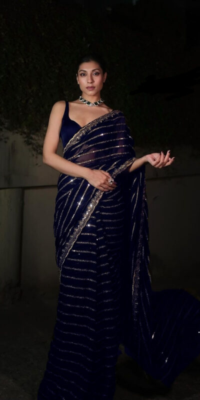 DF 3393 Navy Blue Color Georgette 5MM Sequins Embroidery Work Saree Casual, Wedding, Festive, Events . Expected Delivery  4-6 Working Days @1799/- only                                                 | Designer Sarees, Embroidered Sarees, Sarees, Bollywood Sarees, Creative Sarees, Ethnic Saree, Modern Digital sarees, Party Wear Sarees