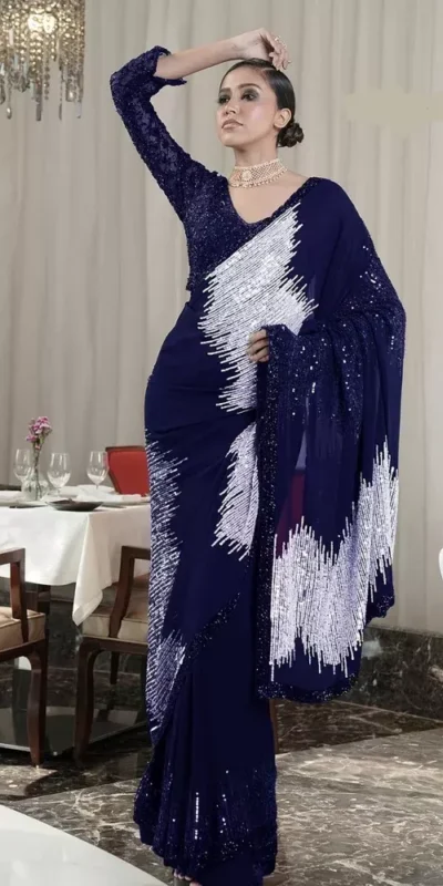 DF 3424 Navy Blue Color Georgette Heavy 5MM Sequins embroidery Work Saree Casual, Wedding, Festive, Events . Expected Delivery  4-6 Working Days @1749/- only                                                 | Designer Sarees, Embroidered Sarees, Sarees, Bollywood Sarees, Creative Sarees, Ethnic Saree, Modern Digital sarees, Party Wear Sarees
