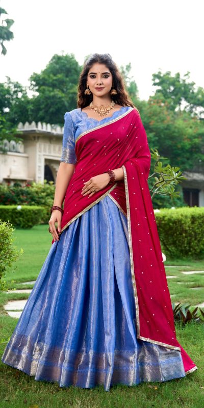Navy Blue Kanchipuram With Zari Work Lehenga Choli