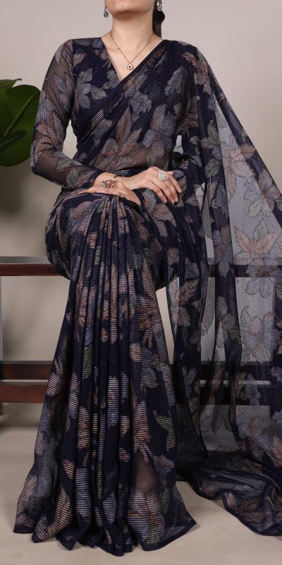 Navy Blue Lurex Floral Viscose Saree