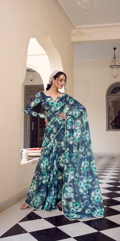 Navy Blue Weightless Floral Printed Saree