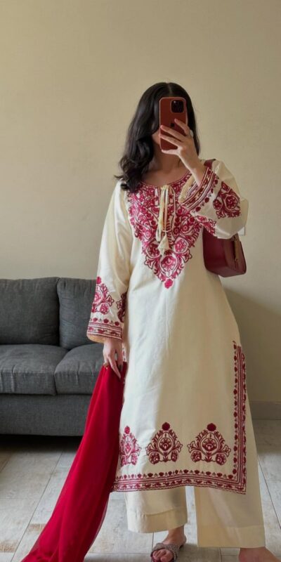 BE 386 Off White Color Roman Silk Embroidery Work Salwar Suit Casual, Wedding, Festive, Events . Expected Delivery 4-6 Working Days @1899/- only | Casual Suits, Jump Suits, Salwar suit, Creative suits, Designer Suits, Palazzo Suits, Party Wear Suits, Patiala Suits, Straight Suits