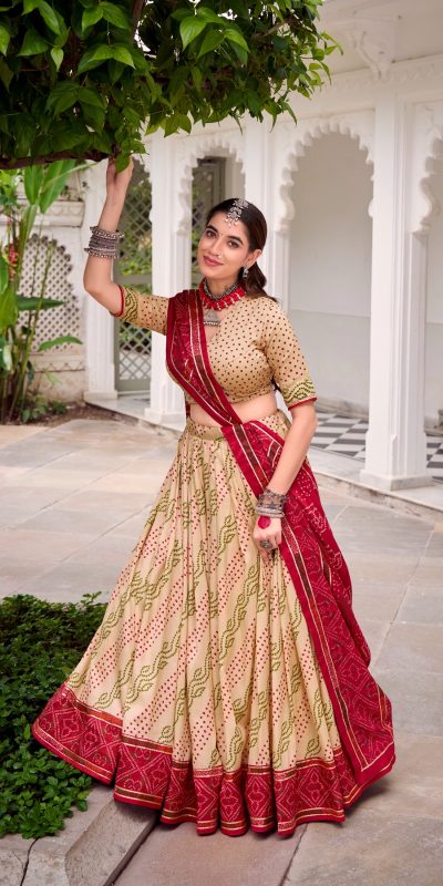 Off White Tasar Silk Bandhej Print Lehenga Choli