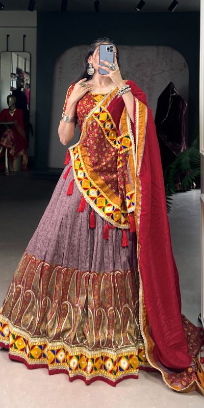 Onion Tasar Kashmiri Lehenga Choli