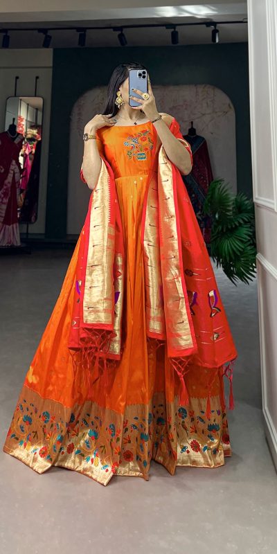 Orange Jacquard Silk Paithani Zari Gown