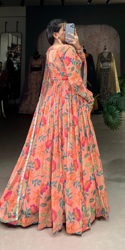 YNF 5010 Peach Color Georgette Floral Print With Lace Touch Up Gown Casual, Wedding, Festive, Events . Expected Delivery 4-6 Working Days @1849/- only | Gowns, Bollywood Gowns, Creative Gowns, Designer Gowns, Embroidered Gowns, Party Wear Gowns