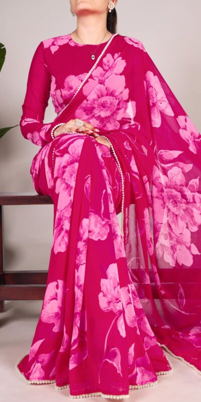 YNF 7011 Pink Color Chiffon Foral Printed Pearl Lace Border Saree Casual, Wedding, Festive, Events . Expected Delivery  4-6 Working Days @1499/- only                                                                                | Designer Sarees, Embroidered Sarees, Sarees, Bollywood Sarees, Creative Sarees, Ethnic Saree, Modern Digital sarees, Party Wear Sarees