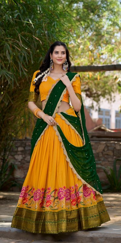 Yellow Cotton Embroidery Lehenga Choli