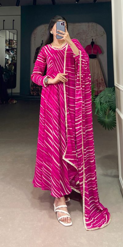Pink Georgette Leheriya Gown