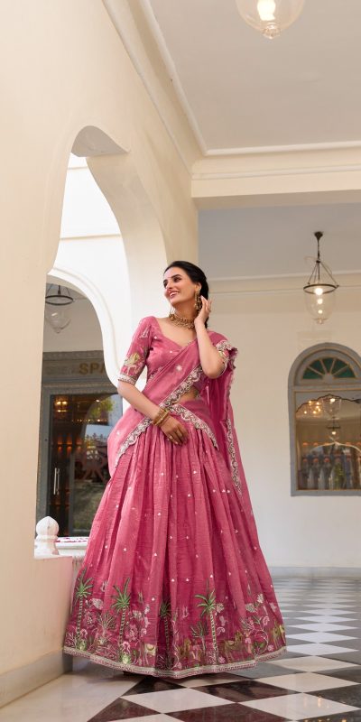 Pink Gold Crush Sequins Embroidery Work Lehenga Choli