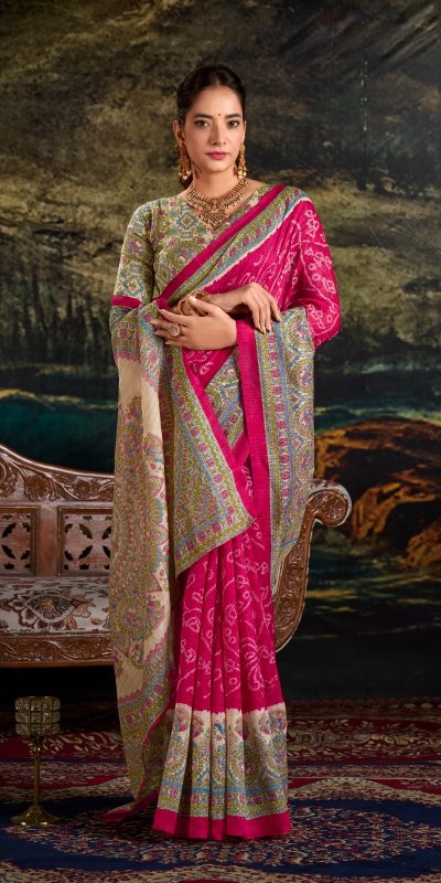 Pink Green Silk Madhubani Saree