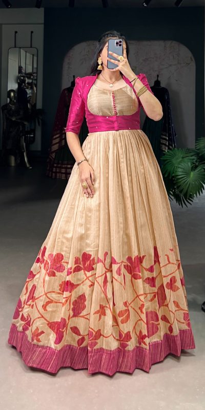 Pink Green Silk Printed Gown