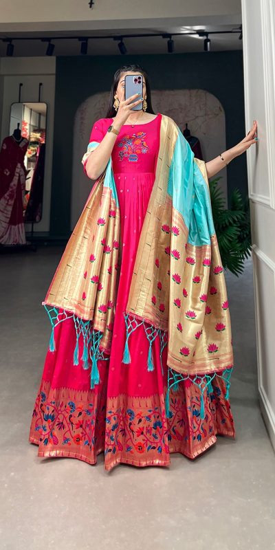 Pink Jacquard Silk Paithani Zari Gown